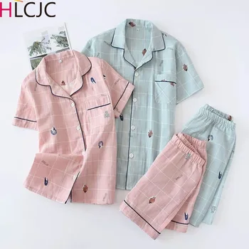 

Conch Plaid Lovers Pajamas Spring Autumn Double Layer Gauze Cotton Breathable Pajama Short-sleeve Women Lounge Sleepwear Men
