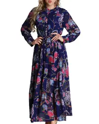 Новые Модные Элегантные Для женщин с цветочным принтом длинное платье из шифона с длинными рукавами, пуговицами спереди трапециевидной