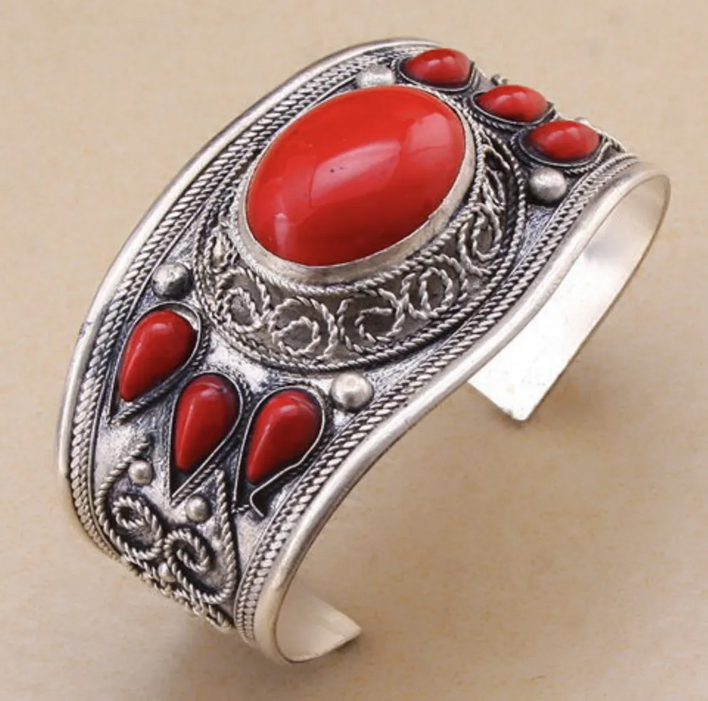 hot sell new - Charm Tibet Silver Flower Coral Stone Bead Cuff Bracelet Bangle