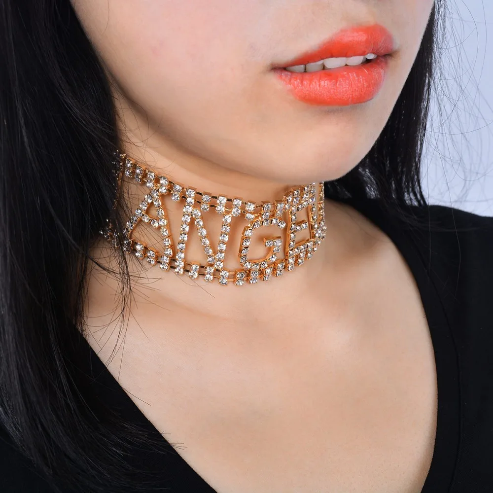 Fashion Angel Letters Collar Choker Necklace For Women Charm Rhinestone