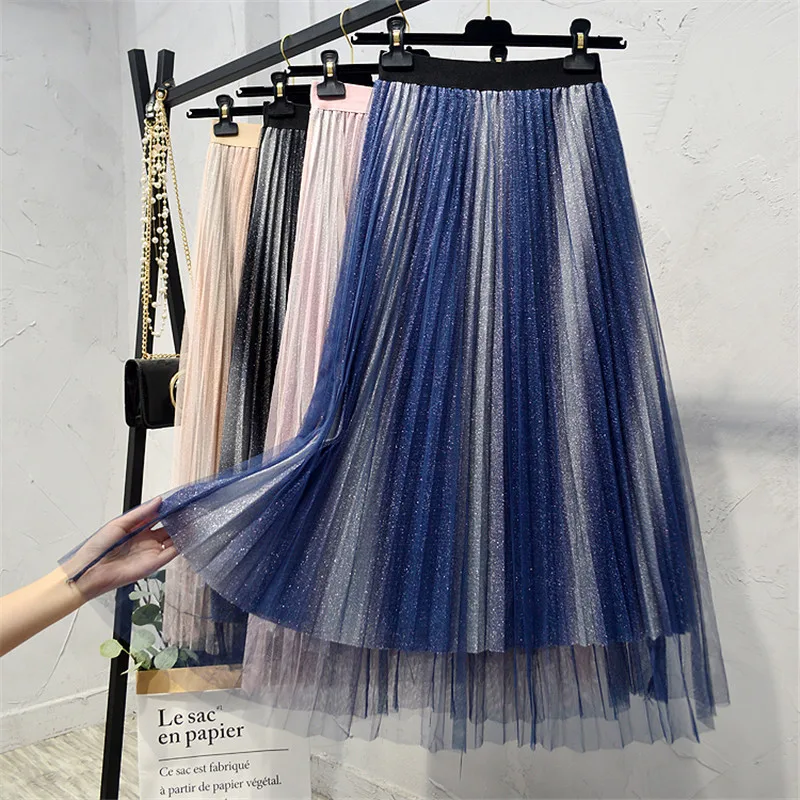 

Autumn New Gradient Metallic Gauze Pleated Long Skirt High Waisted Striped Mesh Maxi Long Skirts Blue Pink Ivory