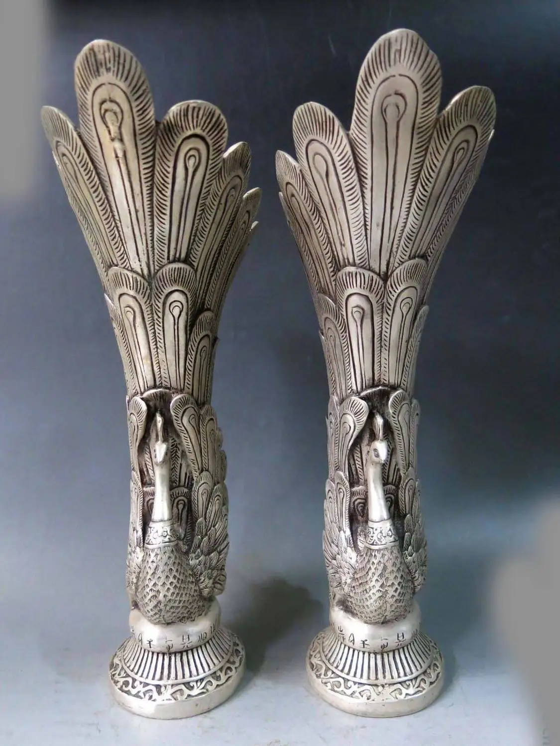 

13" China silver carved Beautiful Phoenix Spent mushroom Vases Pair Statue