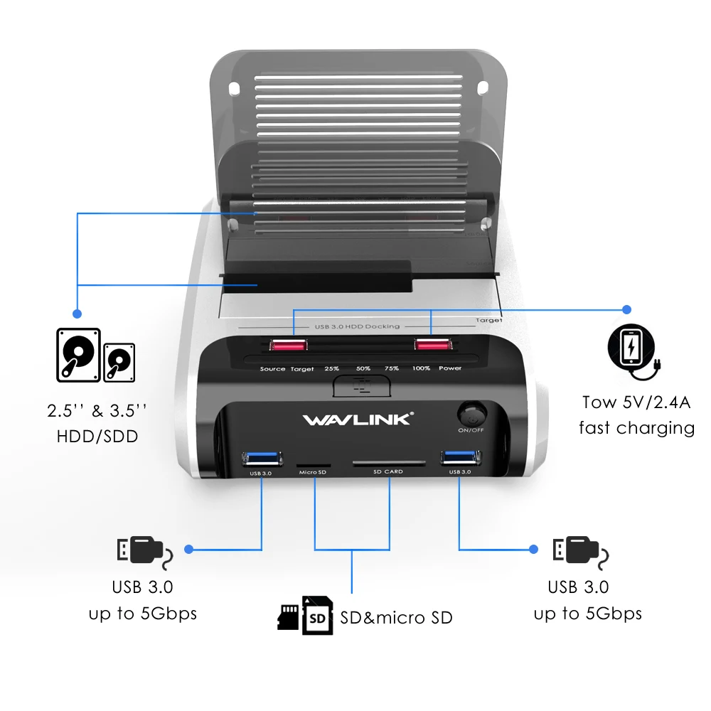 Wavlink 2,5 3,5 pulgadas USB 3,0 a SATA Dual-Bay Hard Drive estación de acoplamiento con clon sin conexión y lector de tarjetas UASP para 2,5
