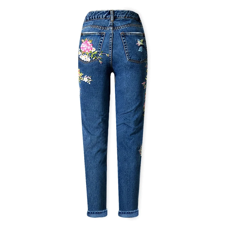 2017 Europe and the United States women\'s three-dimensional 3D heavy craft bird flowers before and after embroidery high waist Slim straight jeans large code system 46 yards (11)