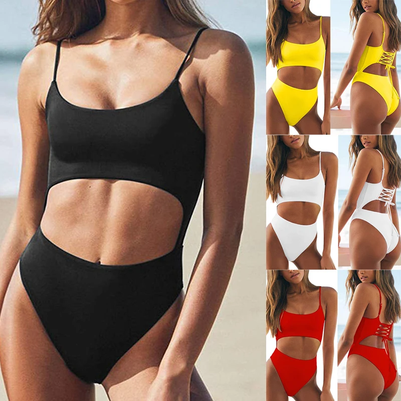 

One Piece Swimsuit Hollow Out Bikini Backless Bandage Bathing Suit Swinsuit With High Waist Push Up Swimwear Woman Swim Suit