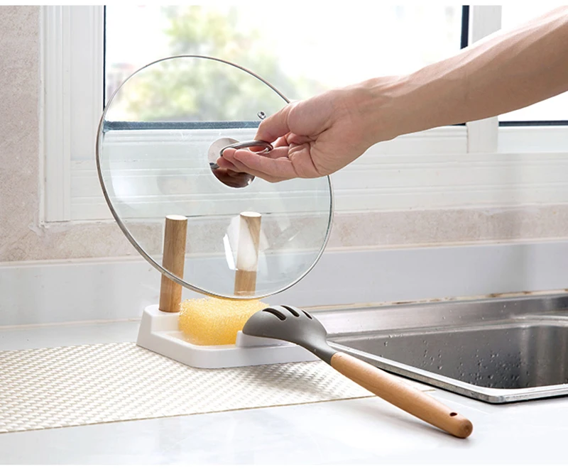 TUUTH Wooden Pot Rack Spoon Holder Pan Cover Lid Rest Stand Home Applicance Drain Rack The Goods For Kitchen Accessories A4