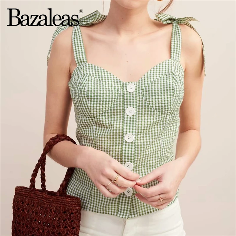 

Bazaleas Vintage Adjust Spaghetti Strap women Camisole Fashion Tartan Green women Tops Sexy Buttons Tank Top drop shipping