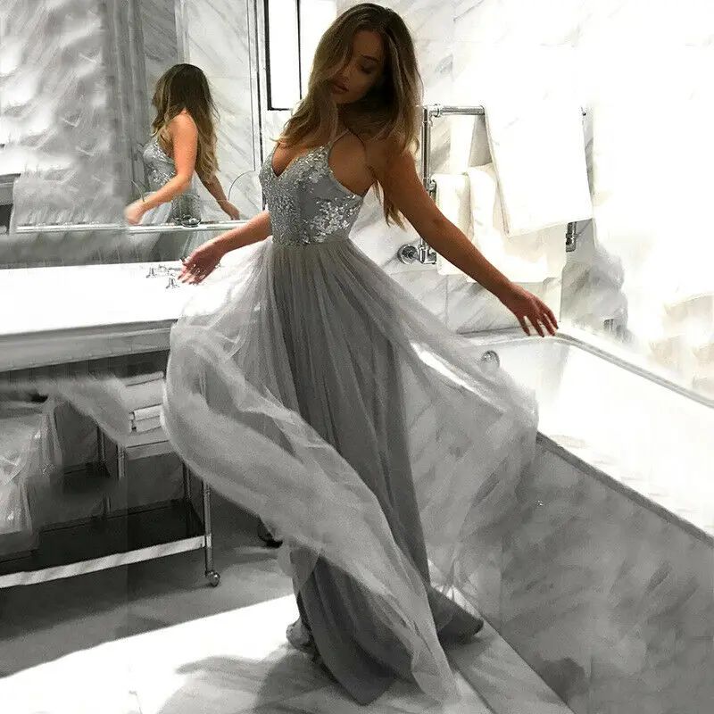 

Thin straps gray dress Evening Party Gown Sleeveless Prom dress Robe de soiree Tailored