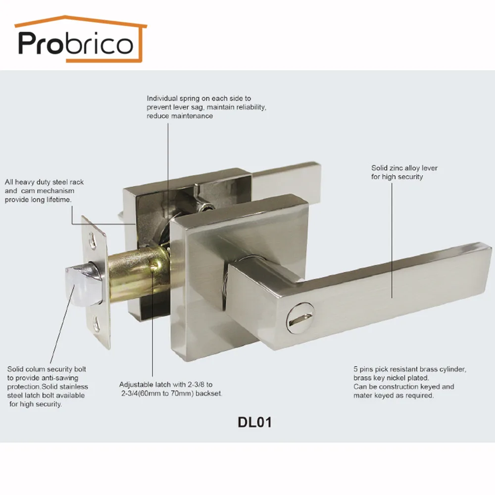 Probrico дверные ручки для межкомнатных дверей без ключа замок конфиденциальности набор атласный никель Передний Задний рычаг с защелкой для спальни ванной комнаты