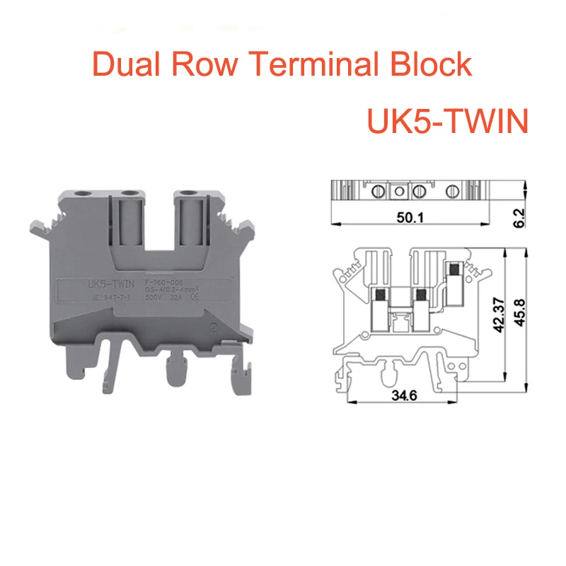 Din-рейка двухрядные клеммные колодки UK5-TWIN винт тип провода электрические двойные клеммы блок разъем morsettiera 32A 4 мм