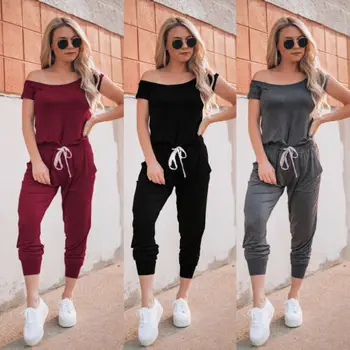 

Hot Selling Women Clubwear Jumpsuit Short Sleeve Off Shoulder Female High Waist Sexy Jumpsuit Cotton Long Trousers