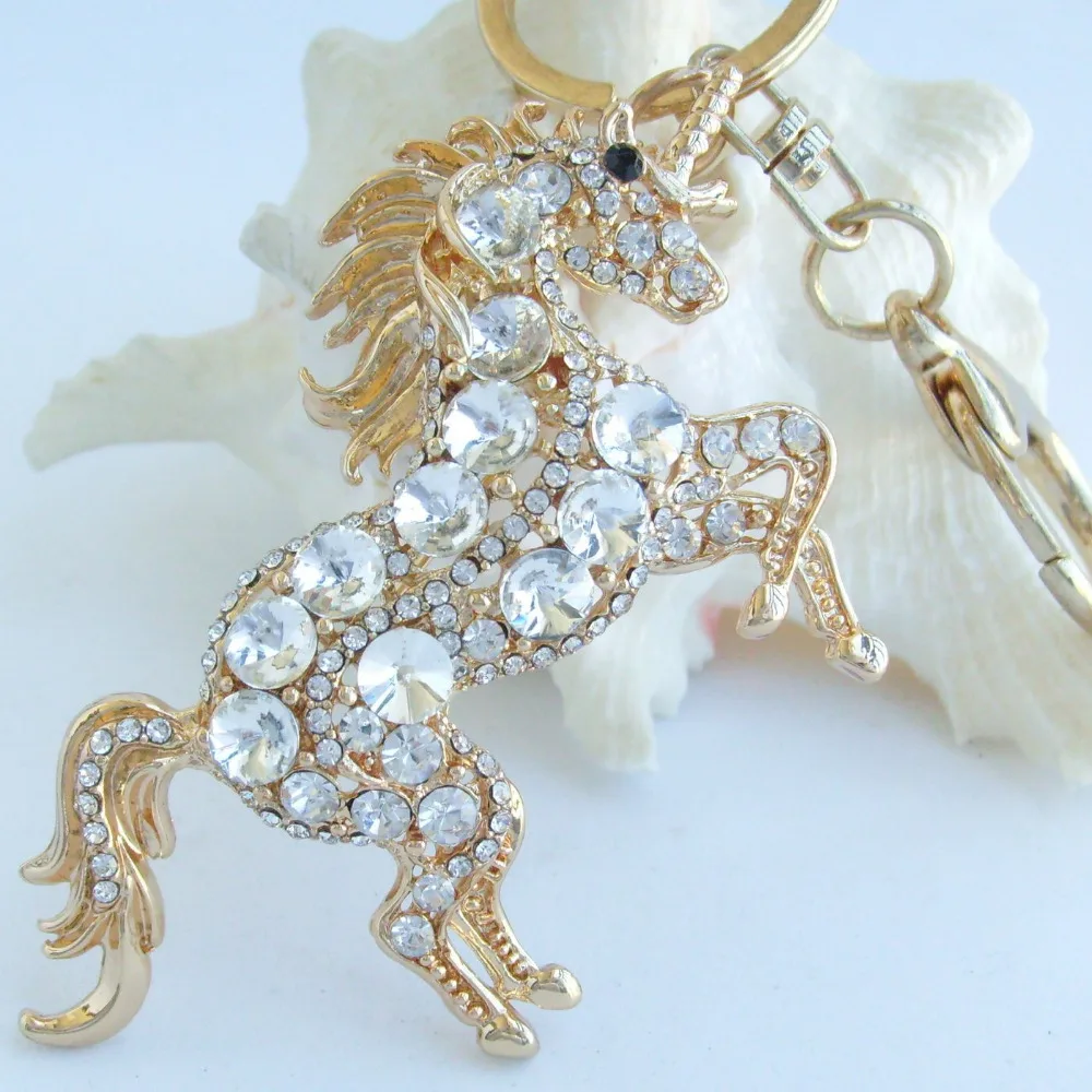 

Unique Animal Unicorn Horse Keychain Gold Tone Clear Austrian Crystal Pendant K06172C12