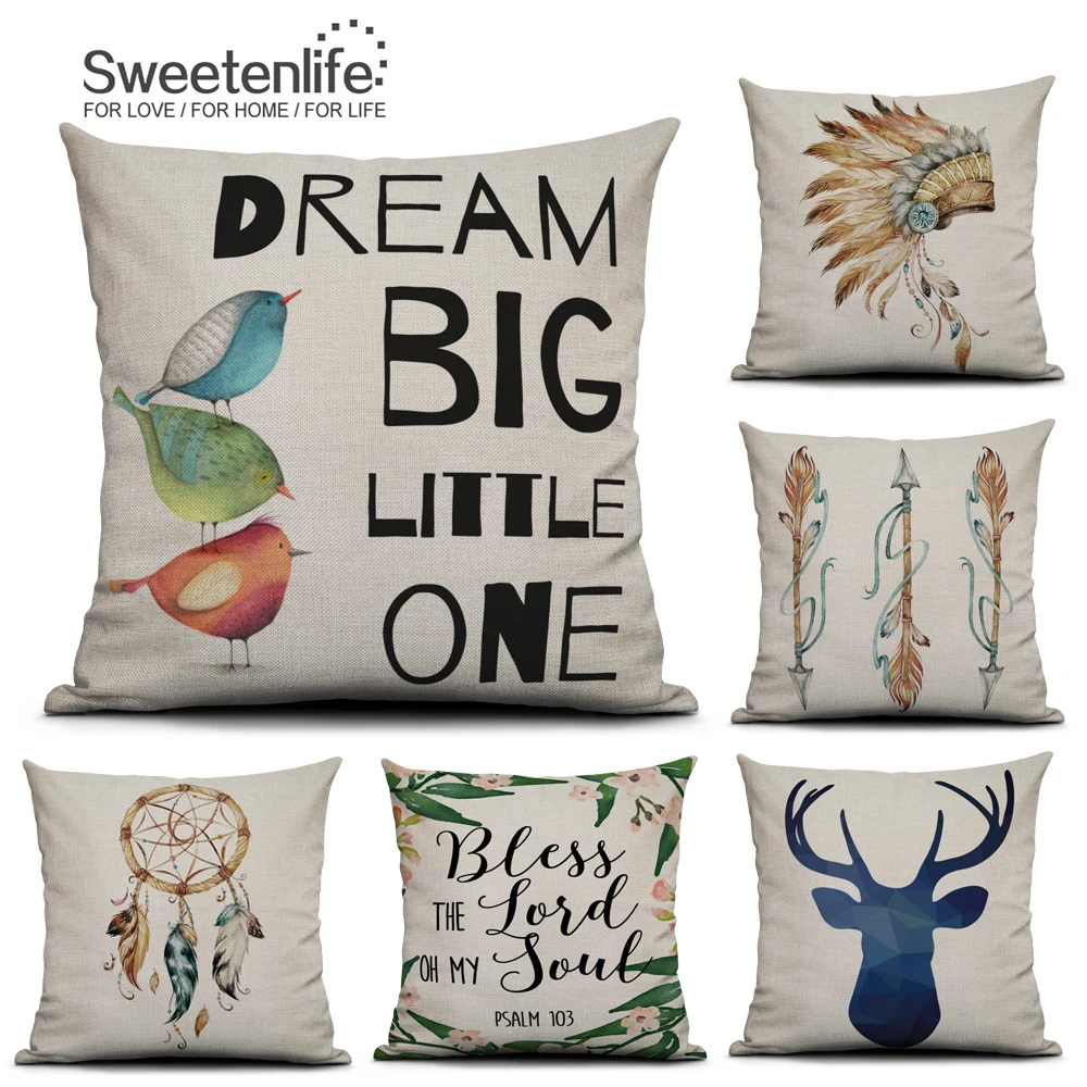 

Sweetenlife 45x45cm Cushion Cover Linen&Cotton Pillow Cases Home Decor Totem Feather Pattern Decorative Pillows Drop Shipping