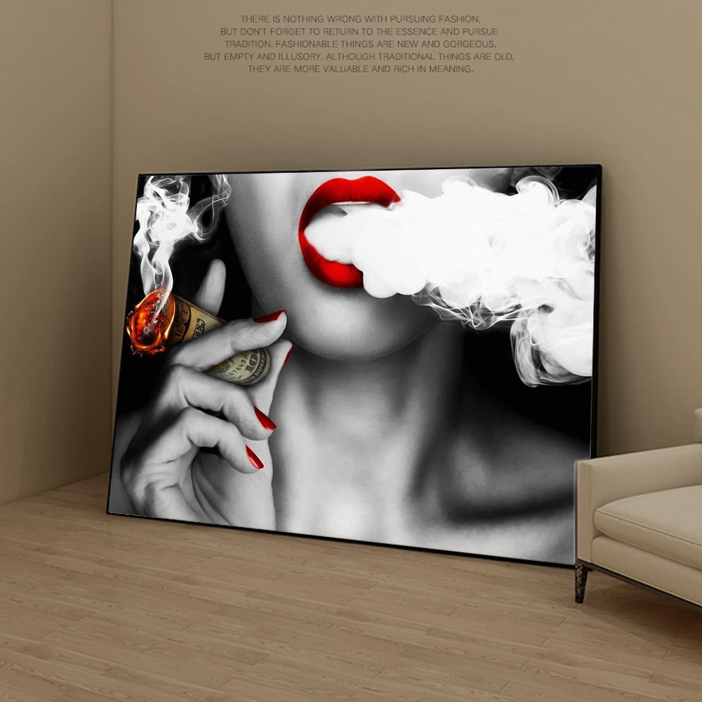 Сексуальная девушка курит сигару плакаты и принты красные губы стены искусства холст принты Современные поп-арт картины для украшения стены дома