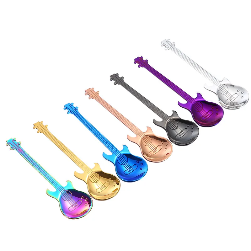 

7 Color Guitar Coffee Spoon 304 Stainless Steel Coffee Drink Spoon Kid Tea Dessert Spoon Teaspoon Kitchen Tableware KC1059