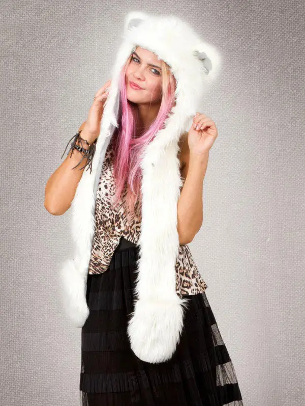 Women/Men Winter Faux Fur Hood Animal Hat Ear Flaps Hand Pocket Scarf Hood Hat Wolf Plush Warm Animal Cap With Fur Scarf Gloves Cycling Gloves Winter Hat Winter Accessories Knitted Hat Scarf Set Men Gloves