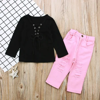 

2019 Europe And The United States Spring And Autumn Models Girls Long-sleeved Small Sexy Straps Shirt + Hole Trousers Two-piece