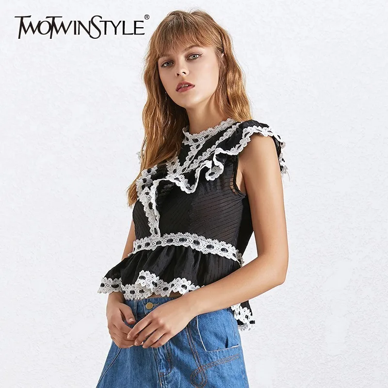 TWOTWINSTYLE 2019 летняя кружевная Лоскутная цветная женская блузка с круглым вырезом