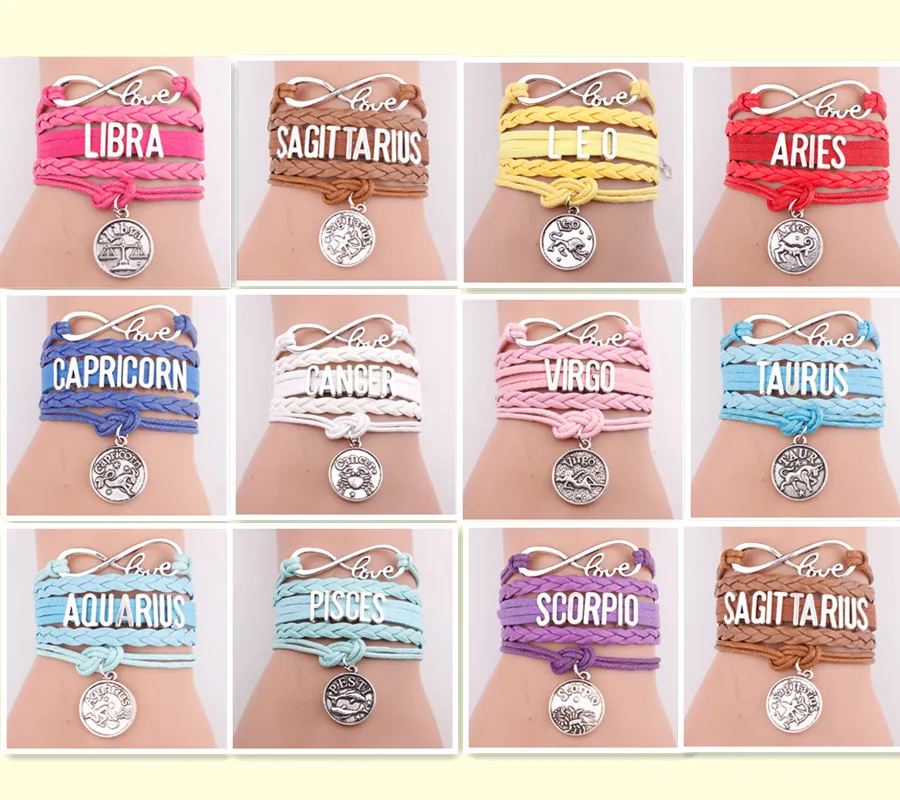 

New 12 Zodiac Sign Charm Hemp Leather Bracelet Aquarius Capricorn Pisces Scorpio Libra Gemini Sagittarius for Men Women Surfer