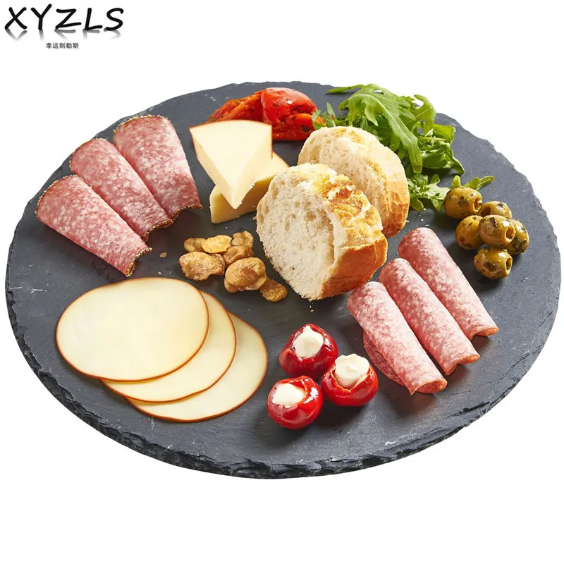 

XYZLS Round Natural Slate Dinner Plate Dia 20cm 25cm 30cm Solid Stone Tray Cheese Pizza Steak Dish Flat Plate Fruit Tray