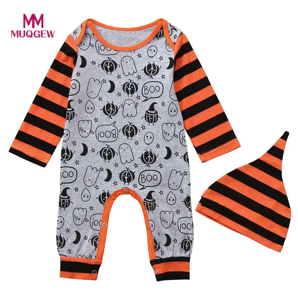 MUQGEW Infant Baby Girls Boys Rompers Pumpkin Print Striped Halloween