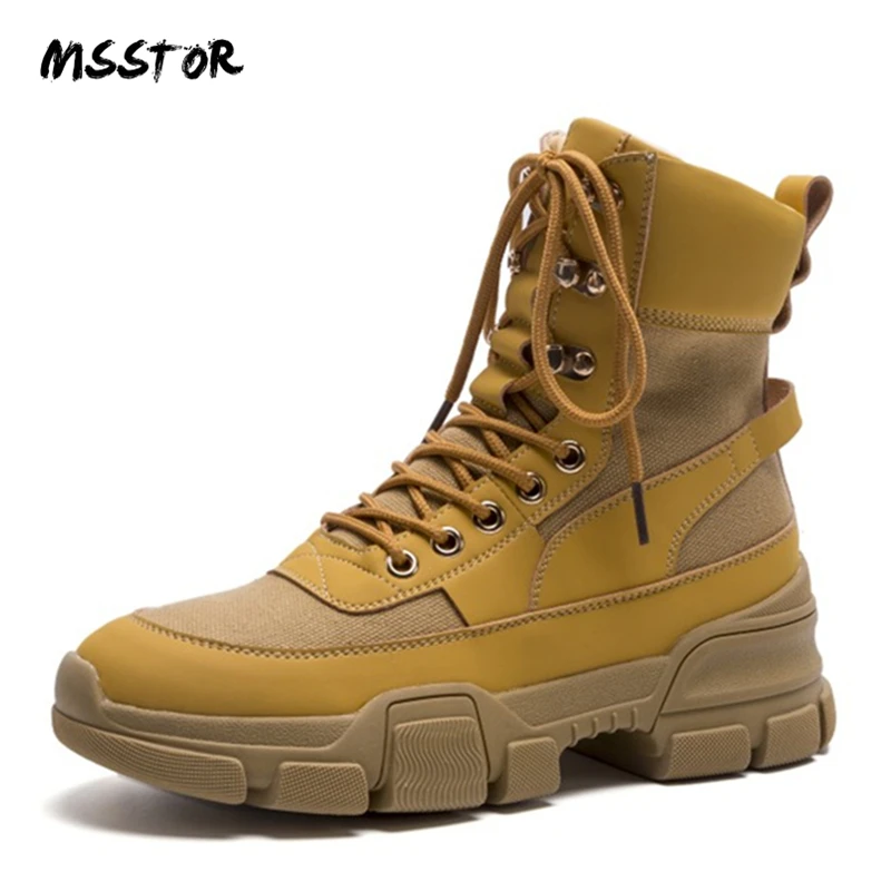 

MSSTOR Casual Mixed Colors Martens Boots Fashion Wedges Autumn Winter Mesh Platform Yellow Boots Round Toe Women Ankle Boots