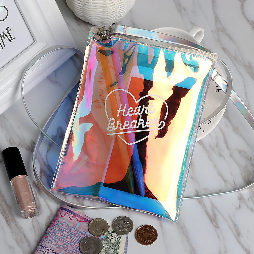 

3Style Transparent laser Holographic Messenger Bag Flap Sweet heart Clear Jelly Handbag Fahsion Girls Mini Harajuku Purse