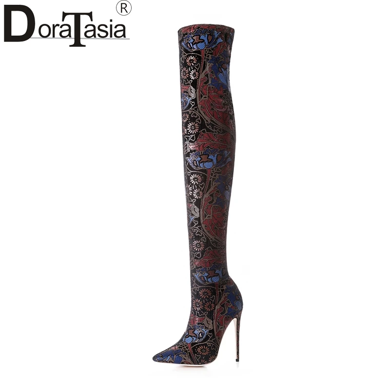 

DoraTasia 2018 large size 33-43 printing women shoes woman sexy over the knee boots slip on thin high heels party boots