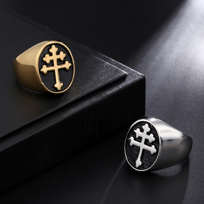 

D&Z Russia Orthodox Cross Rings Men Gold Stainless Steel Christianity Church Eternal Cross Ring for Russian Jewelry Jesus Christ