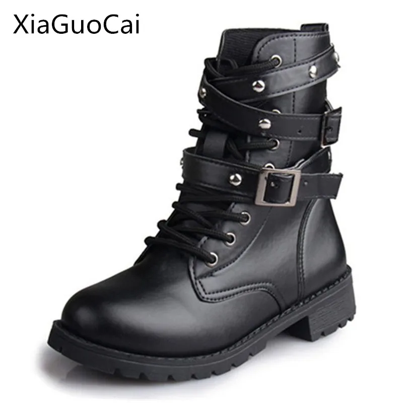 Women Motorcycle Boots Fashion Buckle Martin Boots PU/leather Women Combat Military Boots Lace ...
