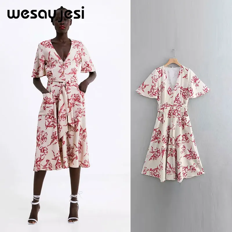 2019 spring and summer dress women vestidos a-line short sleeve sashes mid-calf v neck print vestidos de fiesta party dress 2019 spring and summer dress women vestidos a-line short sleeve sashes mid-calf v neck print vestidos de fiesta party dress