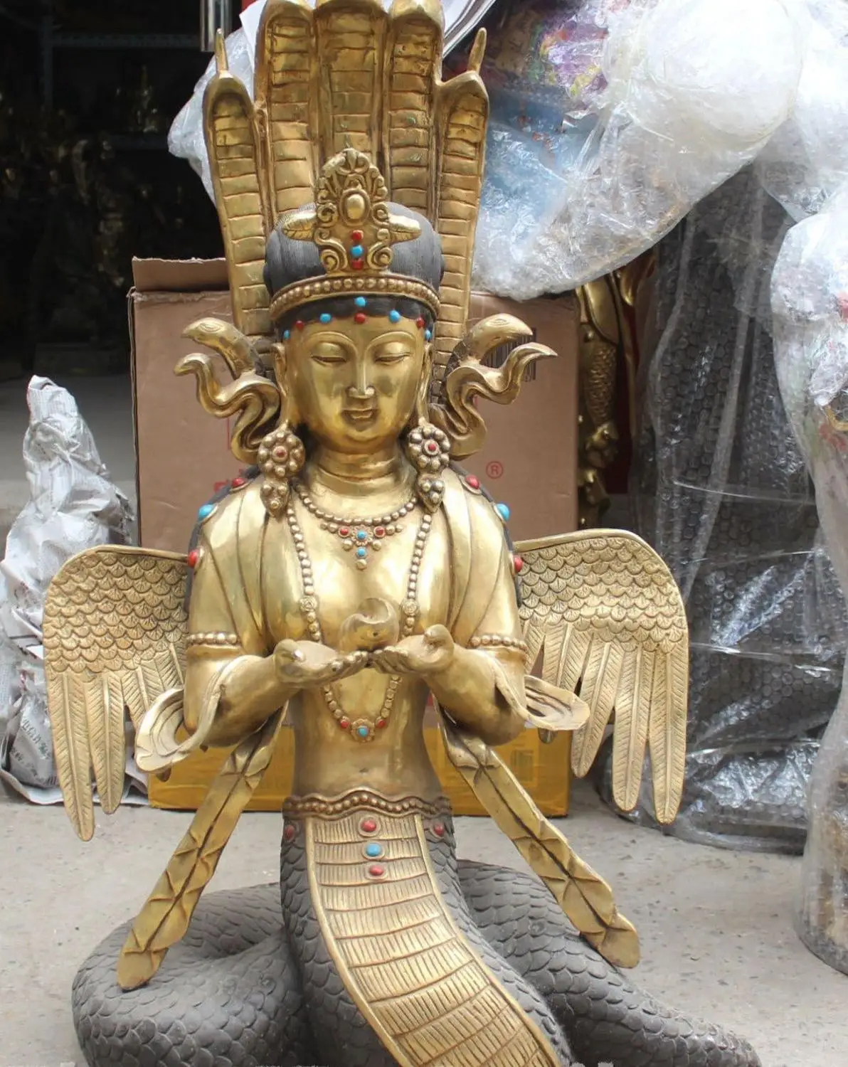 

33" Tibet Bronze Gilt Turquoise 5 Heads Snake Naga Kanya Goddess Buddha Statue