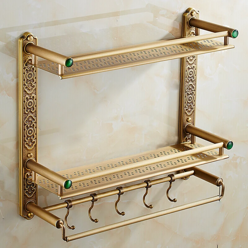 

Bathroom Shelf Wall Mounted Antique Bronze Brass With Towel Rack and Robe Hooks Bath Shampoo Shelf Dual Tiers Corner Shelf