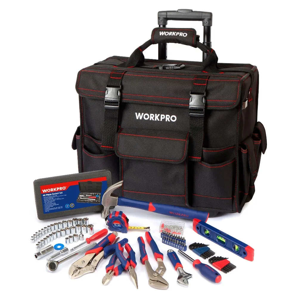 WORKPRO 176 шт набор инструментов для дома, высокое качество, сумка для инструментов, дорожная сумка на колесиках с ручными инструментами
