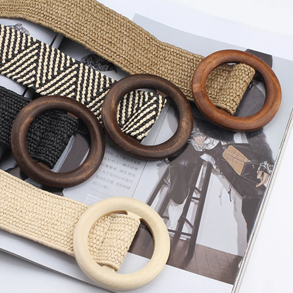 

Round Wooden Buckle Design Braided Belts For Women Boho Woven Strap Waist Belt For Women Dress Jeans Black Plastic Drop Shipping