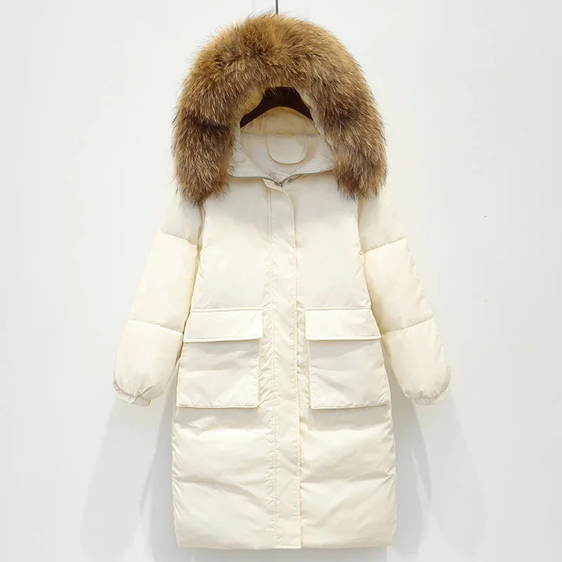 Женский зимний пуховик желтое меховое пальто с капюшоном свободная длинная куртка однотонная Повседневная Верхняя теплая верхняя одежда Doudoune Femme AC161 - Цвет: white brown fur