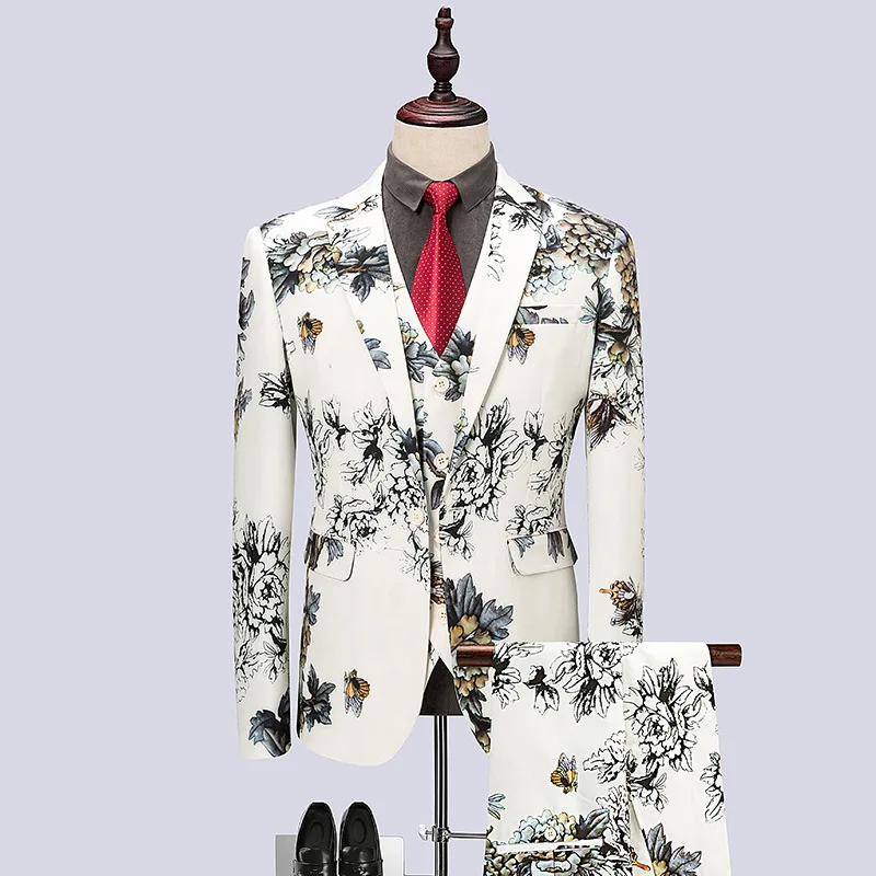 

Men's Spring and Autumn Korean Printed Three-Piece Set Tuxedos Suit Complete Outfits(Jackets+Vest+Trousers)