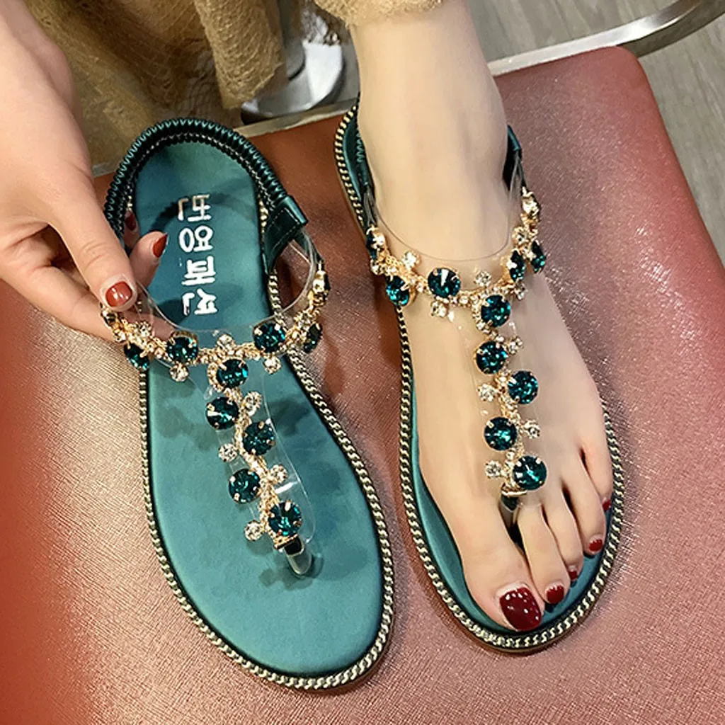 Women Thong flat casual Sandals Sequins T-Type Open Toe Rhinestone Flat Bottom Roman Sandals Shoes zapatos de mujer Dropshipping