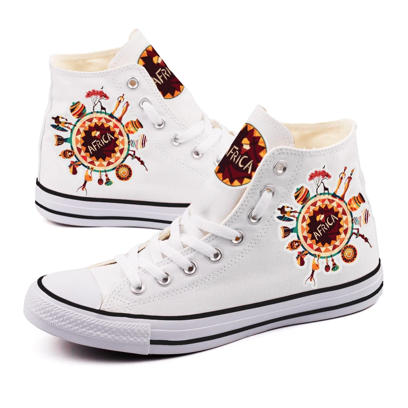 

High Top Lace-up Flat Tenis Shoes Vintage Africa Style Women Flat Canvas Shoes Graffiti Illustration African Women Espadrilles