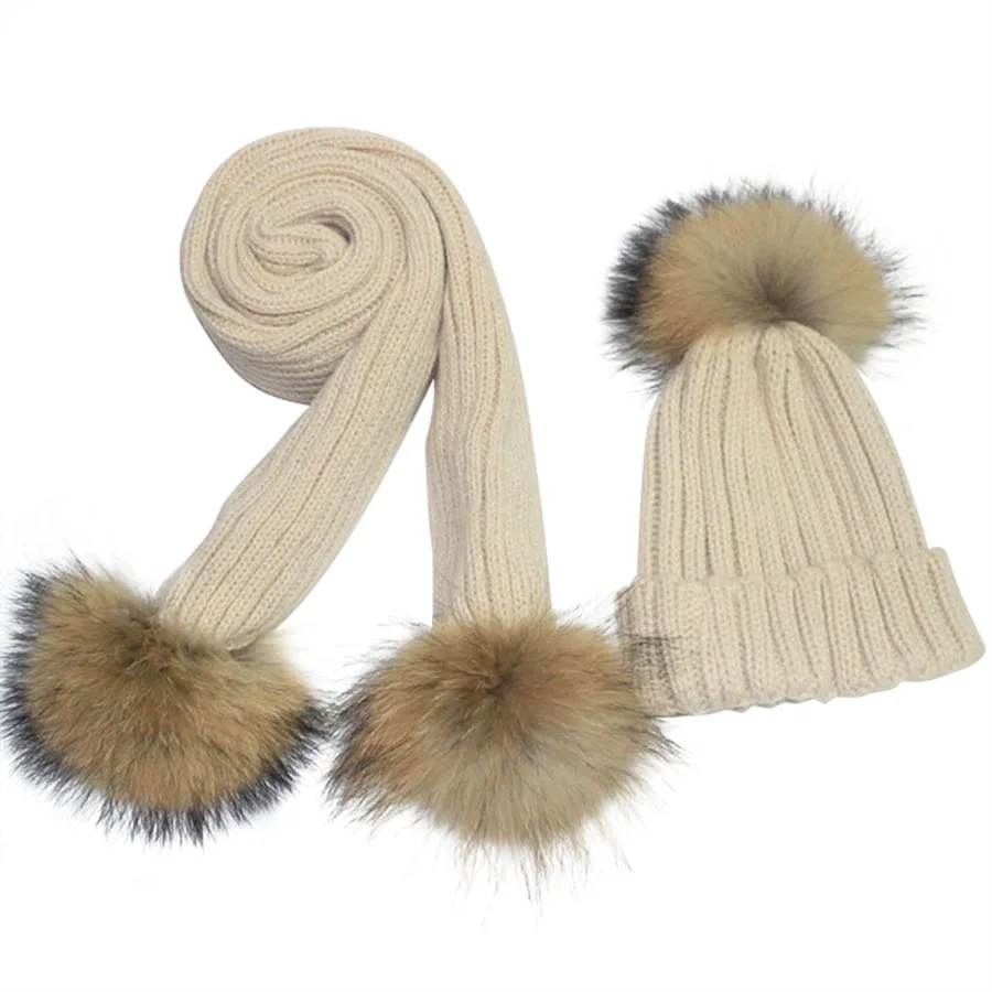 Children Knitted Scarf and Hat Set Winter Real Fur Pom For Boys Girls