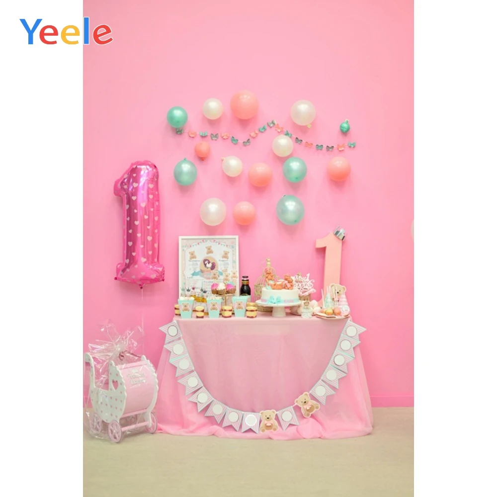 

Yeele Baby 1st Birthday Balloons Gift Cake Girl Pink Photography Background Princess Party Photographic Backdrop Photo Studio