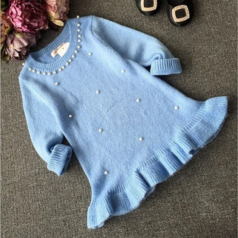 Baby Girl Knitted Dress Tutu Dresses Kid Sweater Pullovers Pearl