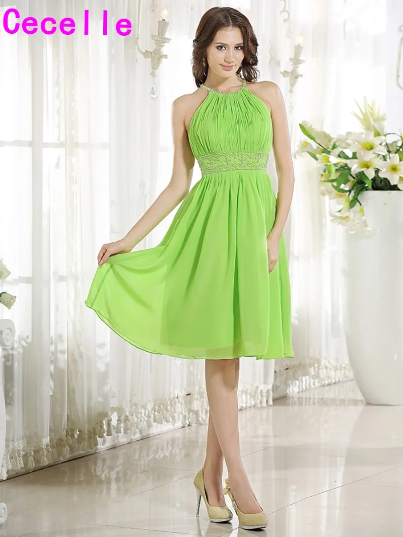 2019 яблочно-зеленое короткое ТРАПЕЦИЕВИДНОЕ шифоновое платье подружки невесты с бусинами длиной до колена, неформальное Повседневное