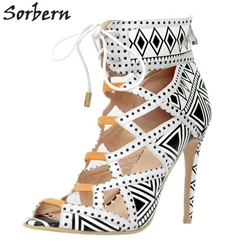 Sorbern Для женщин насосы обувь со шнуровкой на толстой подошве для женщин; Большие размеры женские вечерние туфли открытый носок полые сбоку