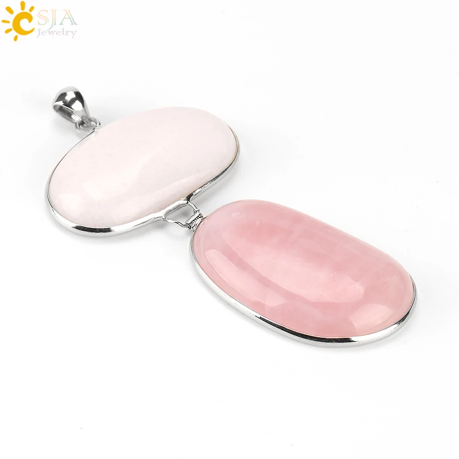 

CSJA Two Stones Hanging Suspension Women Necklace Pendant Jewelry Copper Wrap Oval Shape Natural Pink Quartz White Stone E490