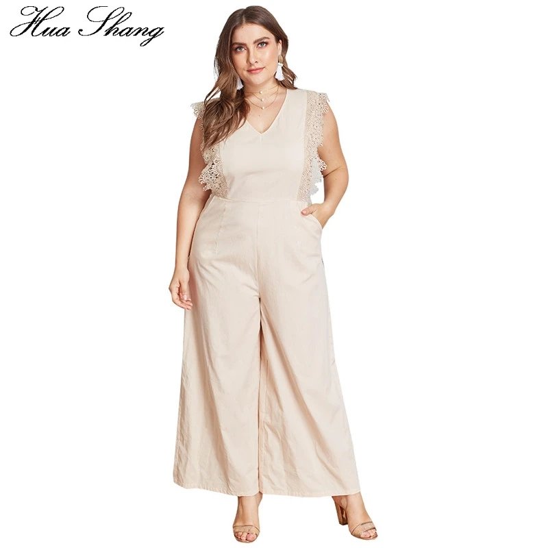 

Plus Size Jumpsuit 4xl Women Summer V Neck Sleeveless Lace Patchwork Elegant Playsuit Pockets Wide Leg Jumpsuit Overalls