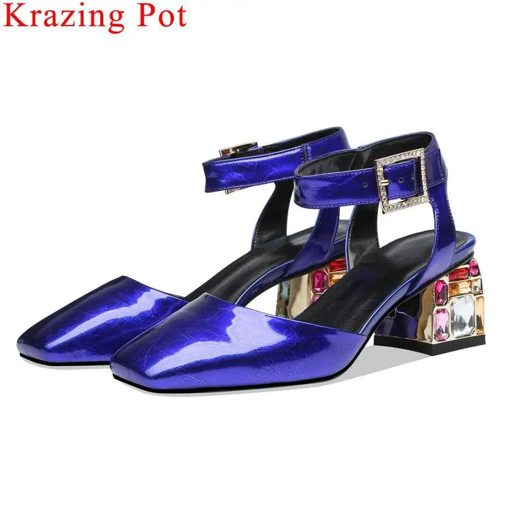 

Superstars cow patent leather square toe buckle strap high heels women sandals plus size slingback colorful crystals shoes L69
