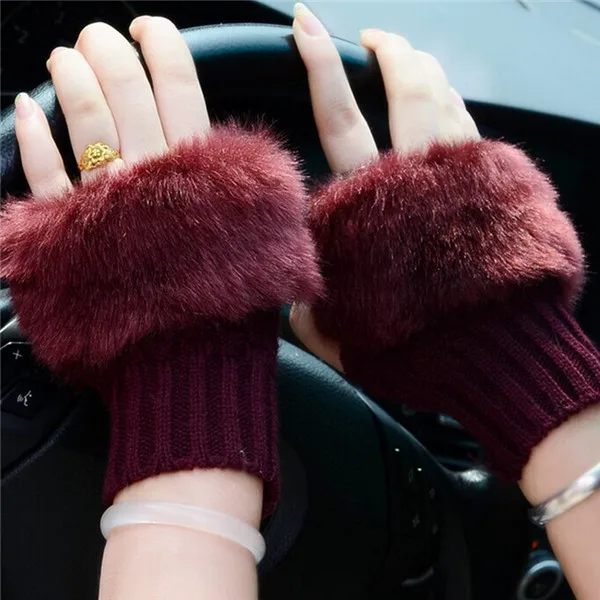 Naiveroo женские перчатки без пальцев милые вязаные перчатки из искусственного меха кролика теплое зимнее вязание теплые короткие варежки для вождения - Цвет: Burgundy