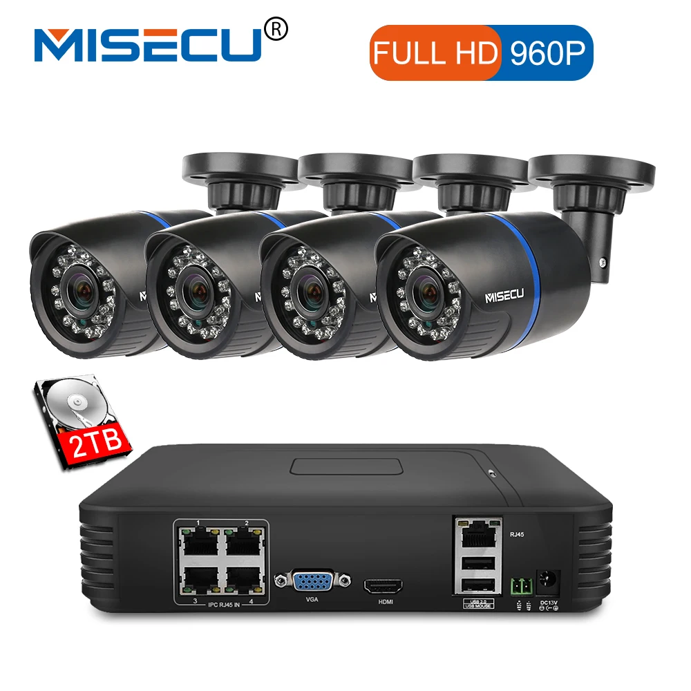 Goede MISECU 4CH POE 1080 p NVR Cloud 1080 p 1 tb 1.3mp PoE IP 960 p Waterdichte PoE Camera P2P HDMI Cctv systeem Surveillance nachtzicht