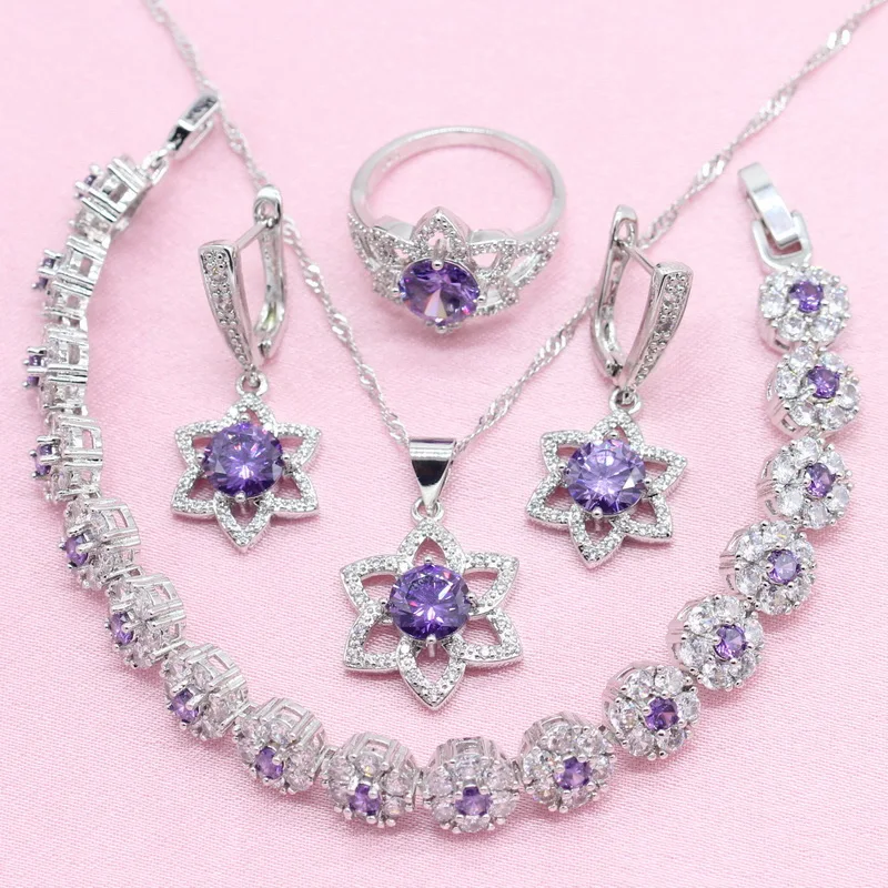 

Purple Cubic Zirconia 925 Silver Wedding Jewelry Sets For Women Earring Pendant Necklace Ring Bracelet